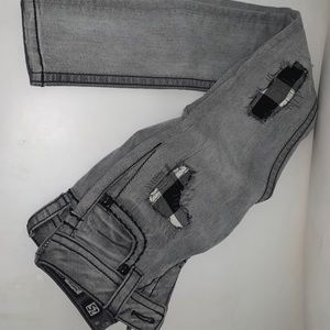 Miss Me gray jeans with blk and white patch detail